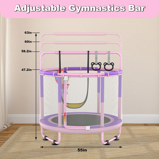 Kindertrampoline met veiligheidsnet schommel en basketbalmand roze-paars – trampoline – speeltoestel