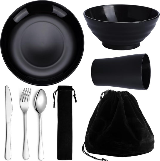 Campingservies set voor 1 persoon met bestek en tas