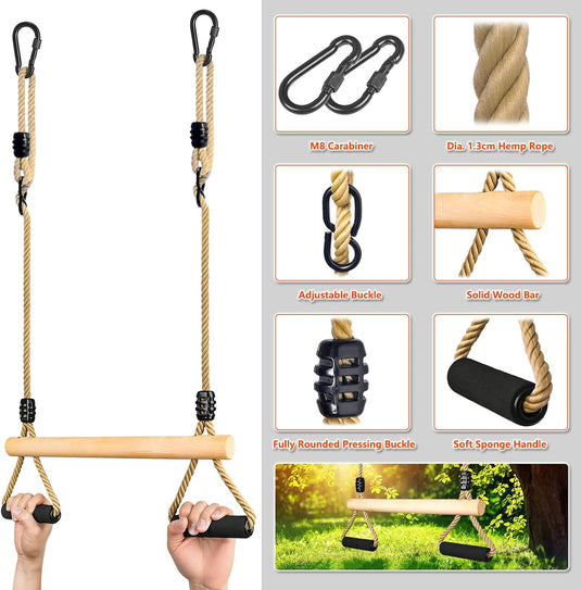 Houten trapezeschommel met zachte handgrepen en verstelbare touwen tot 100 kg – turnschommel