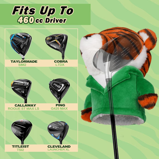 Pluche golfclubhoes met tijger in groene jas voor drivers tot 460cc – dierenheadcover – golfcadeau