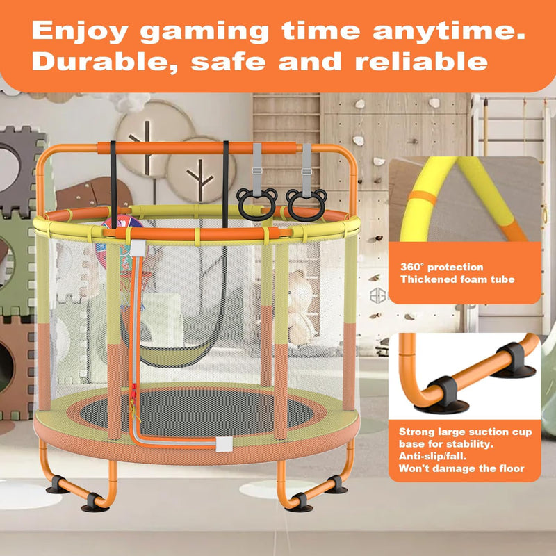 Laden Sie das Bild in Galerie -Viewer, Kindertrampoline met veiligheidsnet schommel en basketbalmand geeloranje – trampoline – indoor outdoor
