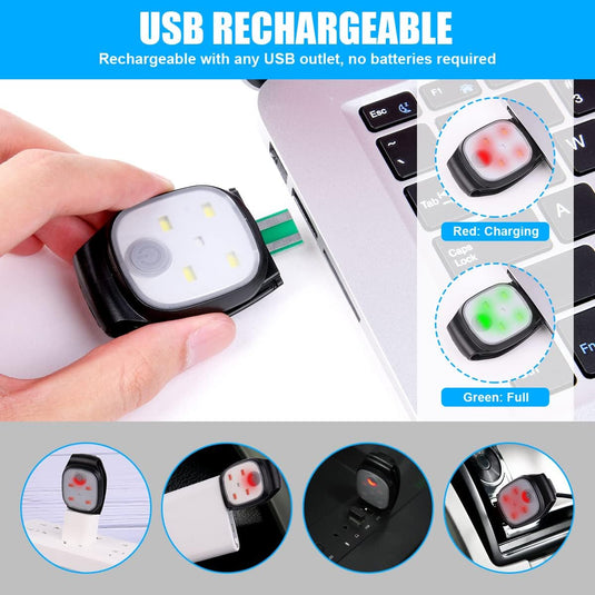 URAQT Clip op Running Lights, 4 Lichtstanden Waterdicht Outdoor Night Clip on Running Lights met 2 Pcs Reflectorbanden, USB Oplaadbare LED Licht voor Runners Camping Wandelen (1 pc)