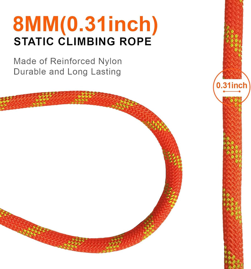 Laden Sie das Bild in Galerie -Viewer, Statisch klimtouw 70 m x 8 mm – met 2 stalen karabijnhaken – outdoor touw voor bergbeklimmen, camping en wandelen – oranje

