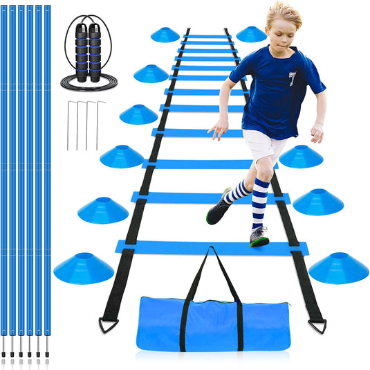 Voetbal trainingsset met 6 m coördinatieladder 10 pionnen en 6 slalompalen – agility set – voetbaltraining