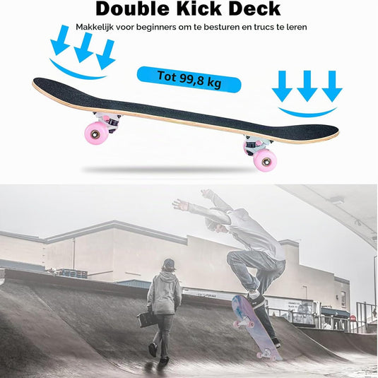 Compleet skateboard 70 x 20 cm met 8-laags esdoorn deck en ABEC-11 lagers – double kick skateboard