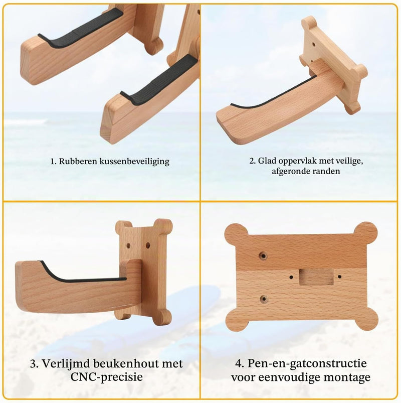 Laden Sie das Bild in Galerie -Viewer, Surfboard wandhouder van beukenhout met 17,8 cm steunarmen – verticale boardhouder – surf accessoires
