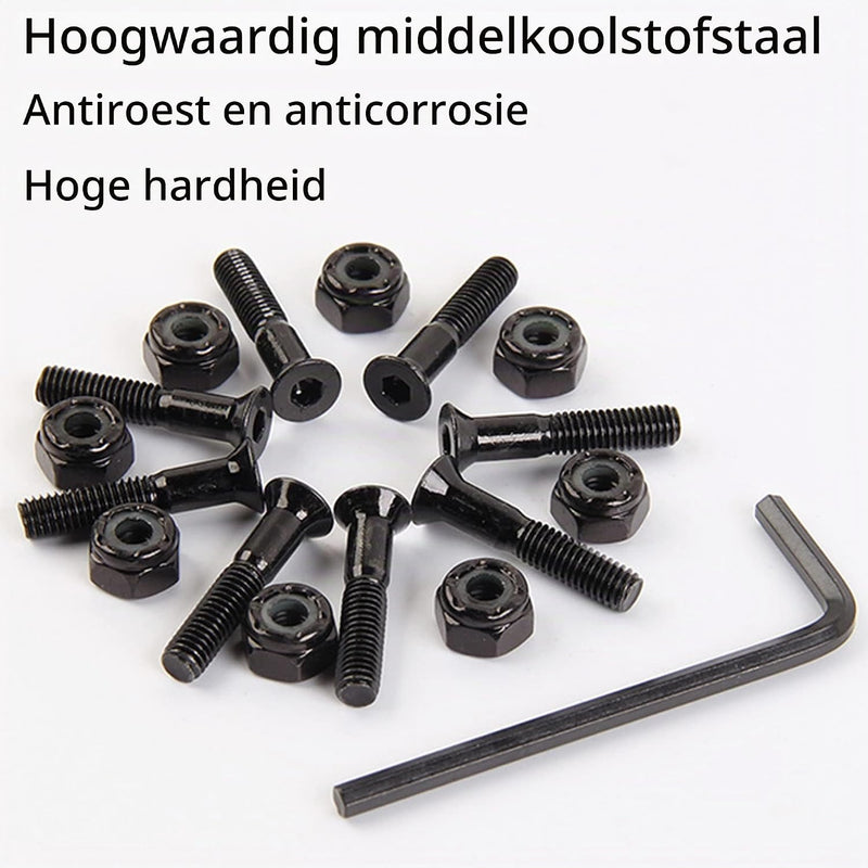 Carica immagine in Galleria Viewer, Skateboard schroeven met moeren en sleutel 8 stuks zwart – truck montagebouten – skate accessoires
