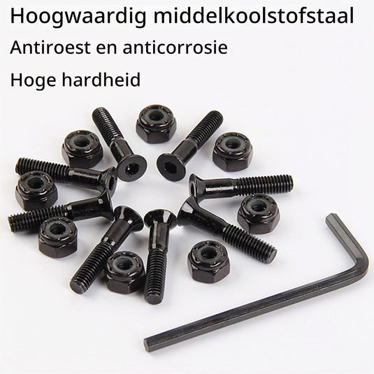Skateboard schroeven met moeren en sleutel 8 stuks zwart – truck montagebouten – skate accessoires