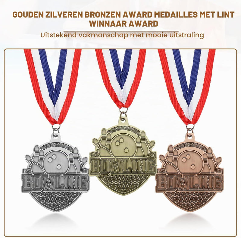 Carica immagine in Galleria Viewer, Bowling medailles 3 stuks goud zilver brons met neklinten – sportmedailles – prijzen en trofeeën
