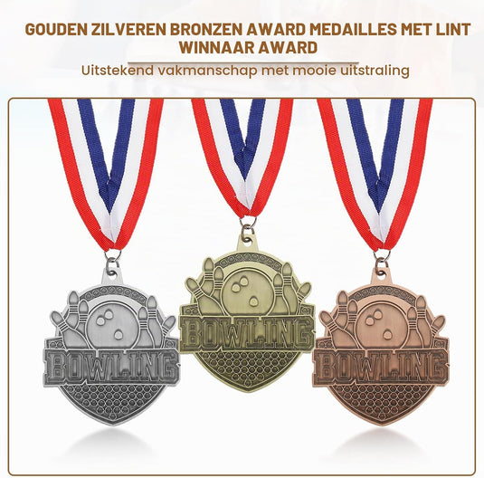 Bowling medailles 3 stuks goud zilver brons met neklinten – sportmedailles – prijzen en trofeeën