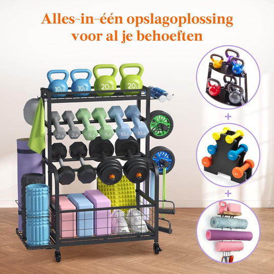 Home gym opbergrek met wielen voor dumbbells en fitnessaccessoires