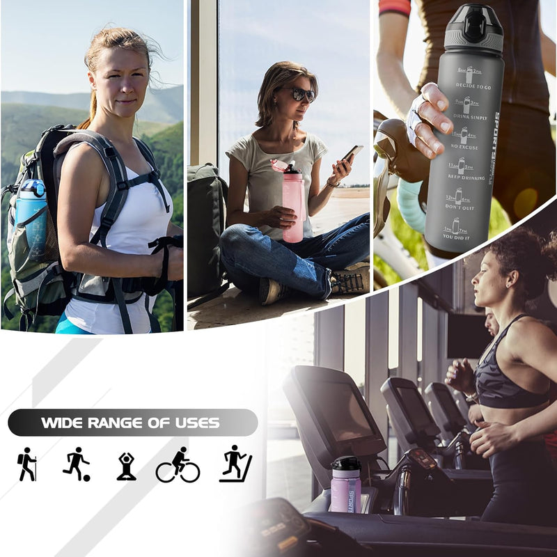 Load image into Gallery viewer, Collage van vrouwen met de 💧 BPA-vrije sportwaterfles van 1 liter – geïnspireerd, lekvrij en klaar voor elke dag 🏋️‍♀️ – tijdens wandelen, fietsen of hardlopen; bevat activiteiteniconen en de tekst &quot;Wide Range of Uses&quot;.
