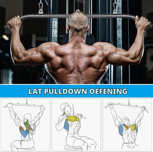 Steel lat pulldown bar with 3 attachment points and non-slip handles – cable pull bar – back training