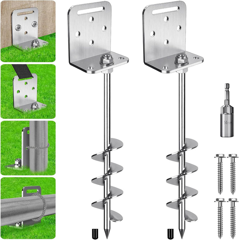Laad afbeelding in Galerijviewer, Grondankers 6 stuks 60 cm heavy duty met L-beugels en booradapter – trampoline ankers – stormankers

