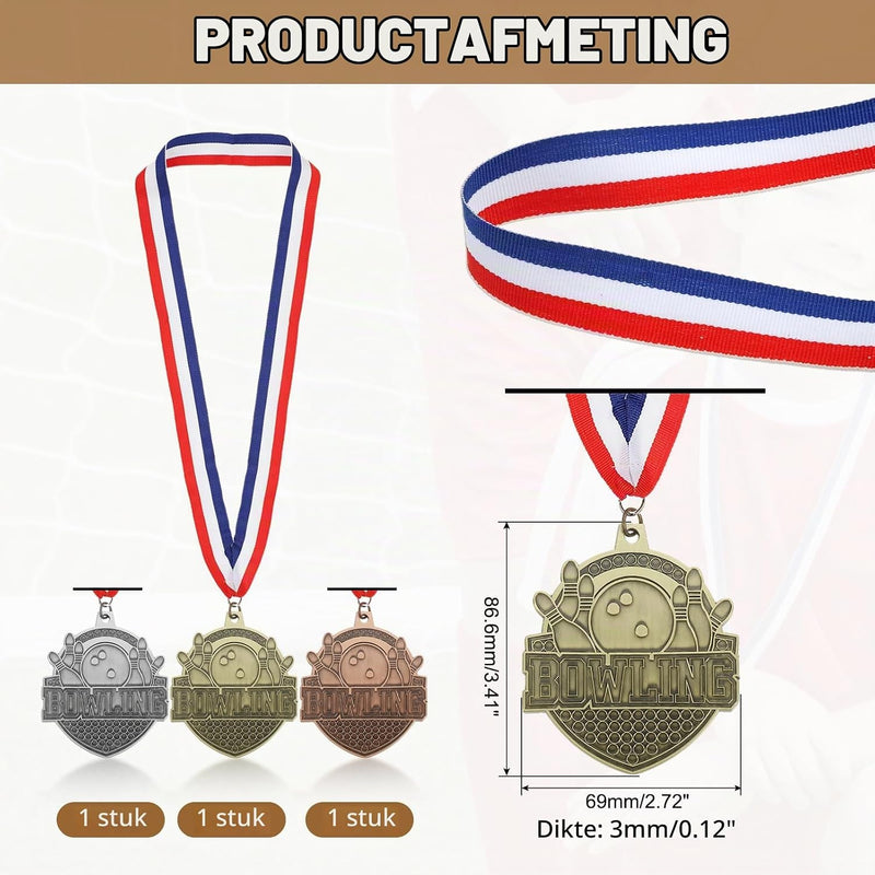 Carica immagine in Galleria Viewer, Bowling medailles 3 stuks goud zilver brons met neklinten – sportmedailles – prijzen en trofeeën
