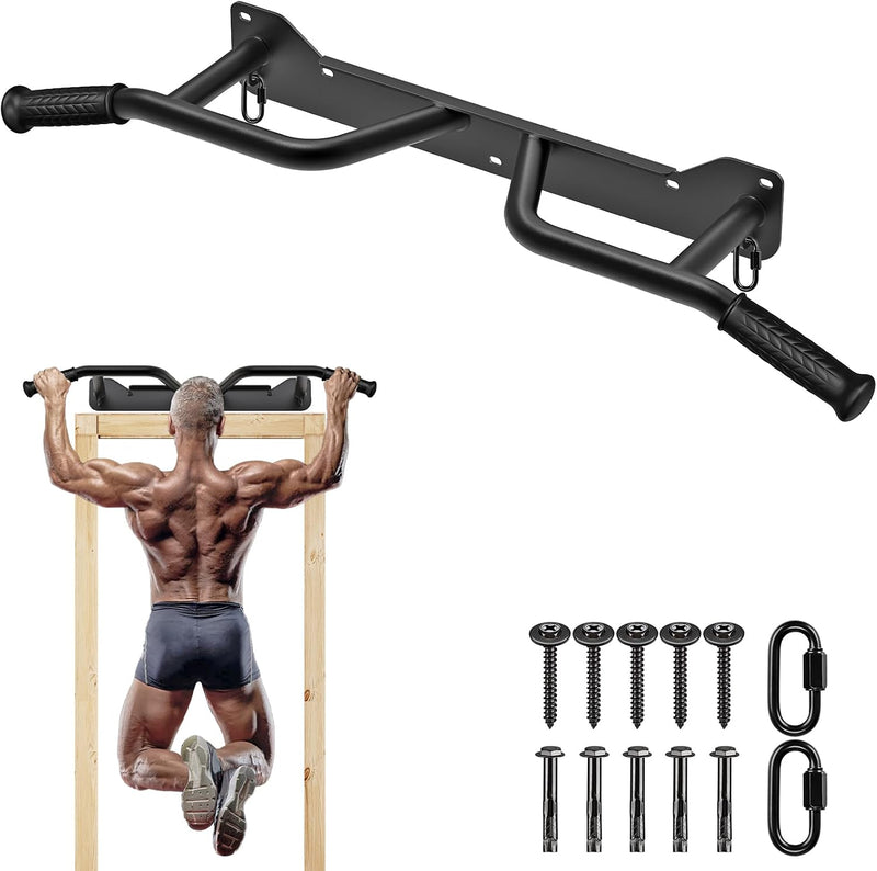 Laad afbeelding in Galerijviewer, Wandgemonteerde optrekstang met 4 gripposities en ringen tot 272 kg – pull-up bar – krachttraining
