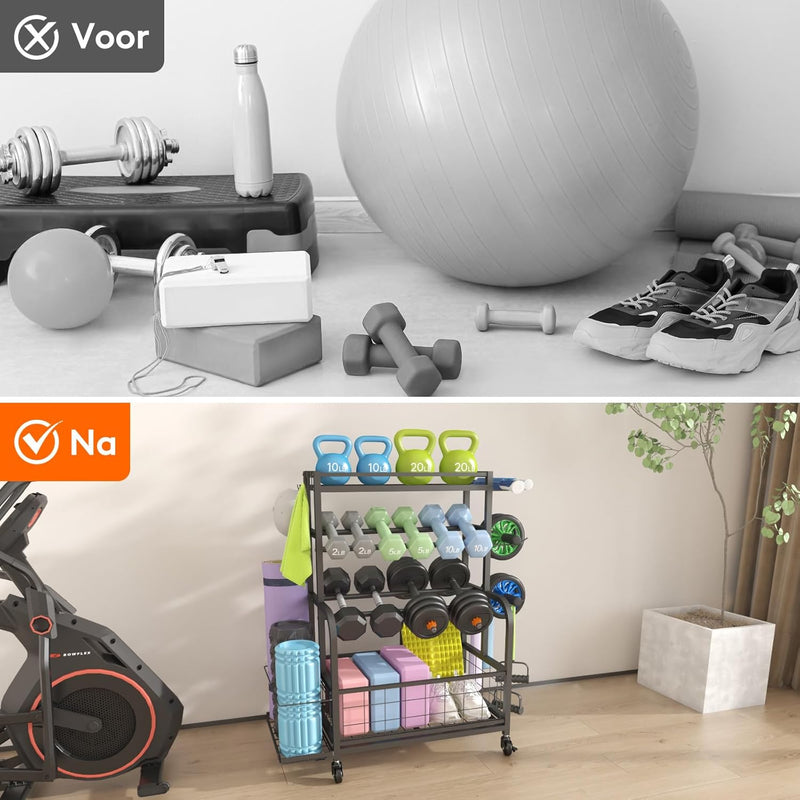 Laden Sie das Bild in Galerie -Viewer, Home gym opbergrek met wielen voor dumbbells en fitnessaccessoires
