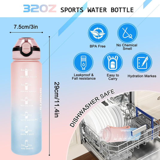 De 💧 BPA-vrije sportwaterfles van 1 liter wordt getoond in de vaatwasser, met iconen die inspirerende tijdmarkeringen, geen chemische geur, lekvrij ontwerp, draagbaarheid, hydratatie-aanduidingen en vaatwasser weerstand overtuigend.