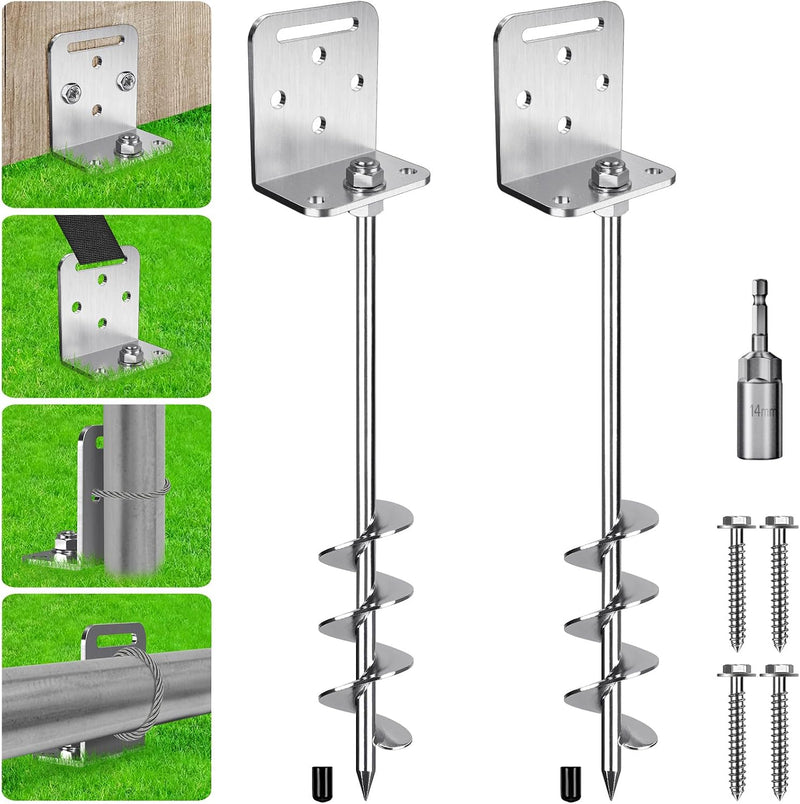 Laad afbeelding in Galerijviewer, Grondankers 6 stuks 60 cm heavy duty met L-beugels en booradapter – trampoline ankers – stormankers
