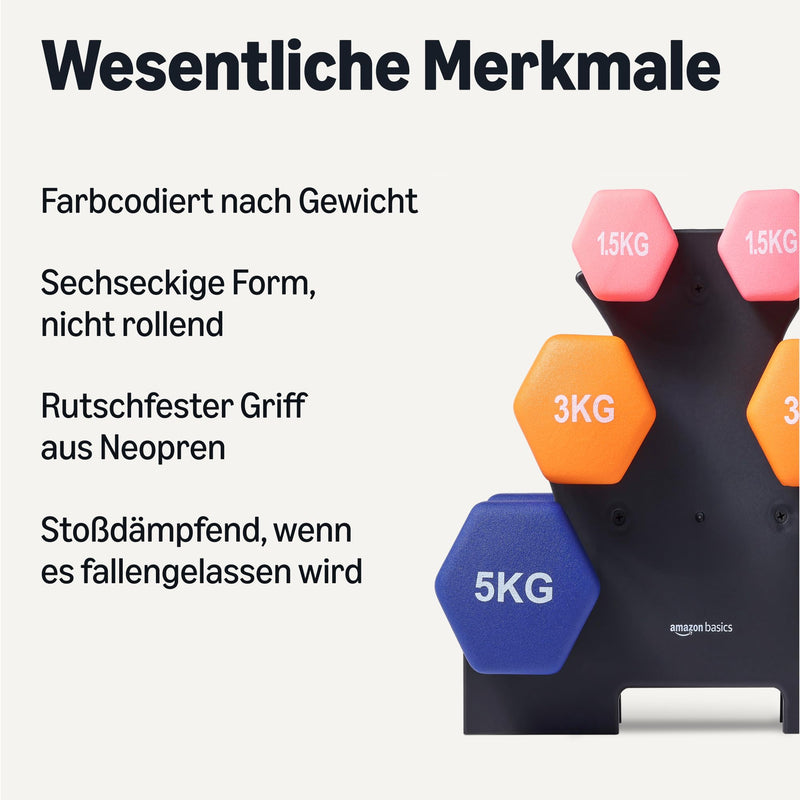 Load image into Gallery viewer, Amazon Basics Neopren Hanteln Gewichte, Hantelset, 2er-Set, 1–5kg, Sechseckig, für Krafttraining und Fitnesskurse
