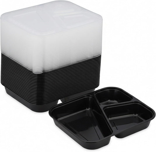 Meal prep bakjes set van 24 met 3 vakken zwart