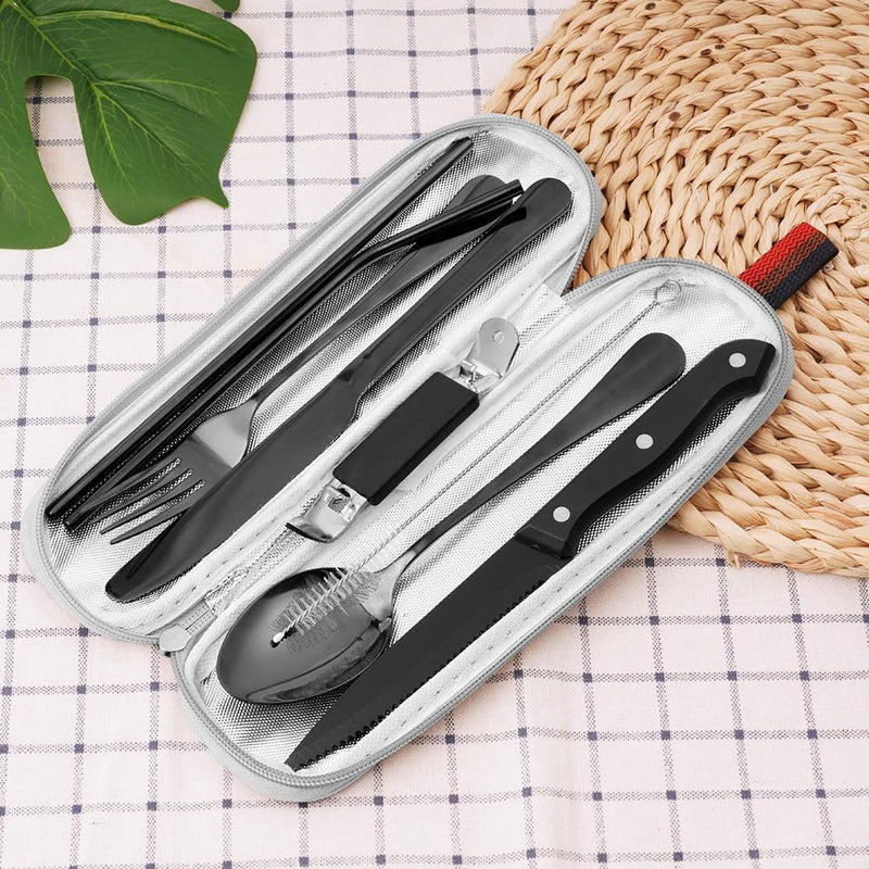 Laden Sie das Bild in Galerie -Viewer, Campingbestek set 9-delig roestvrij staal met etui
