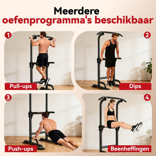 Verstelbare power tower 4-in-1 met optrekstang en dipstation tot 120 kg – krachtstation – fitnessrek