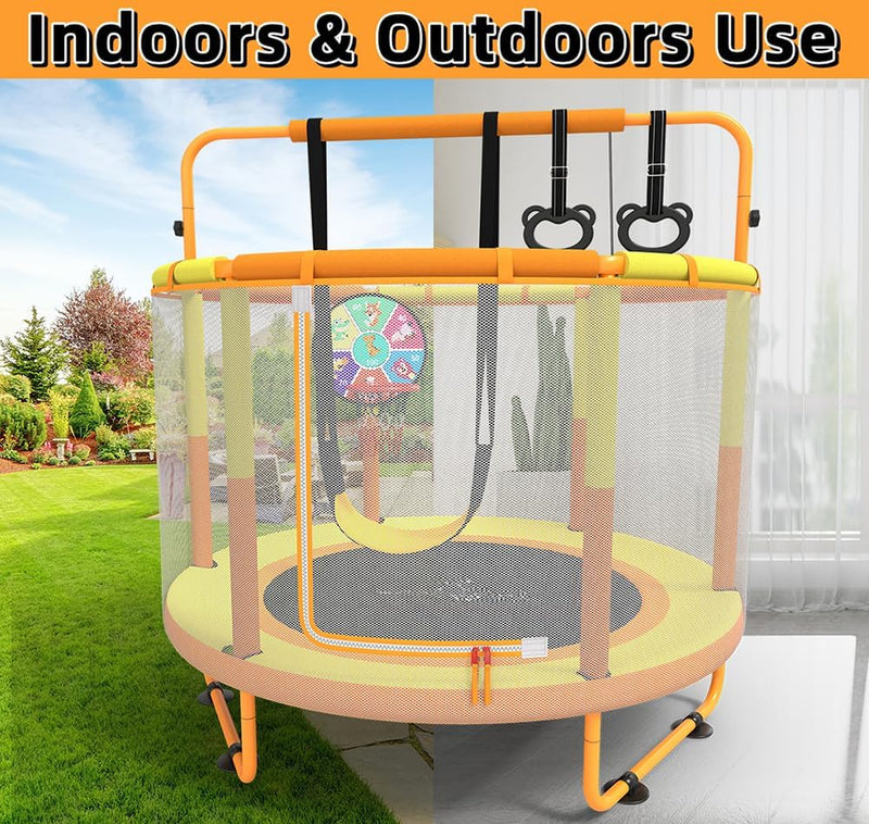 Laden Sie das Bild in Galerie -Viewer, Kindertrampoline met veiligheidsnet schommel en basketbalmand geeloranje – trampoline – indoor outdoor
