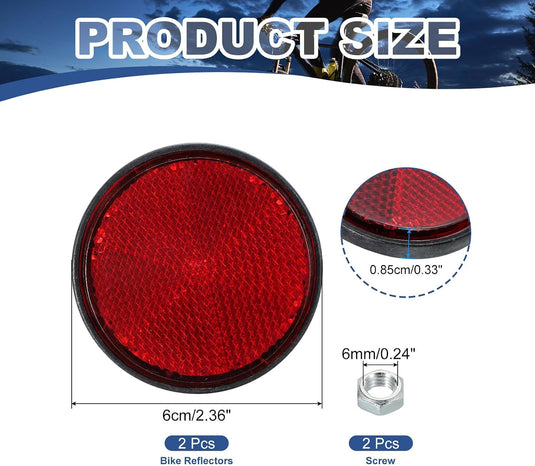 Réflecteurs ronds, 2 pièces, 60 mm, rouges, avec fixation par vis M6 – réflecteurs de sécurité – accessoires pour vélo et moto