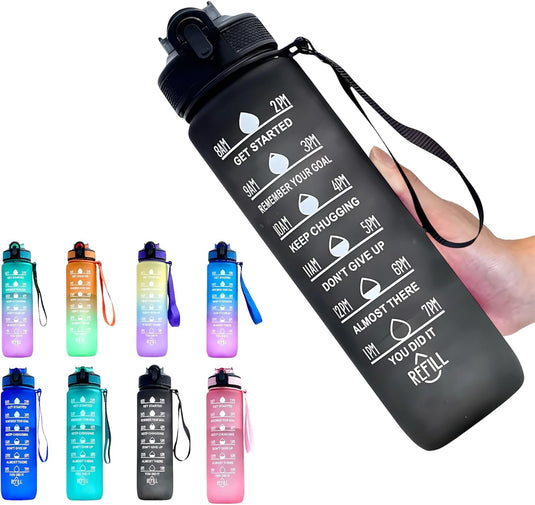 Waterfles met rietje en tijdmarkering 1 liter