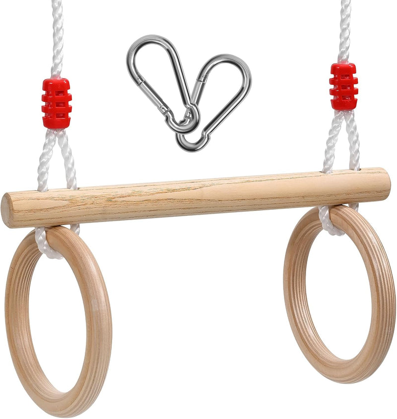 Laden Sie das Bild in Galerie -Viewer, Trapezeschommel 2-in-1 met houten stang en gymnastiekringen tot 50 kg – kinderschommel – turnringen
