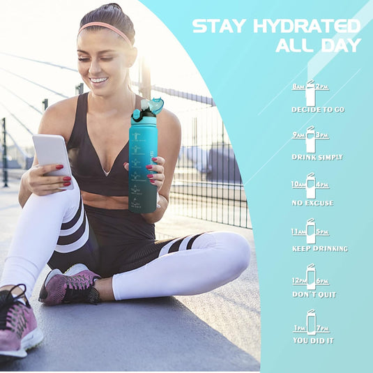 Een vrouw in sportkleding zit buiten met de 1L BPA-vrije sportwaterfles in haar hand – inspirerend, lekvrij en klaar voor elke dag 🏋️‍♀️; hydratatieherinneringen verschijnen aan de rechterkant van de afbeelding.