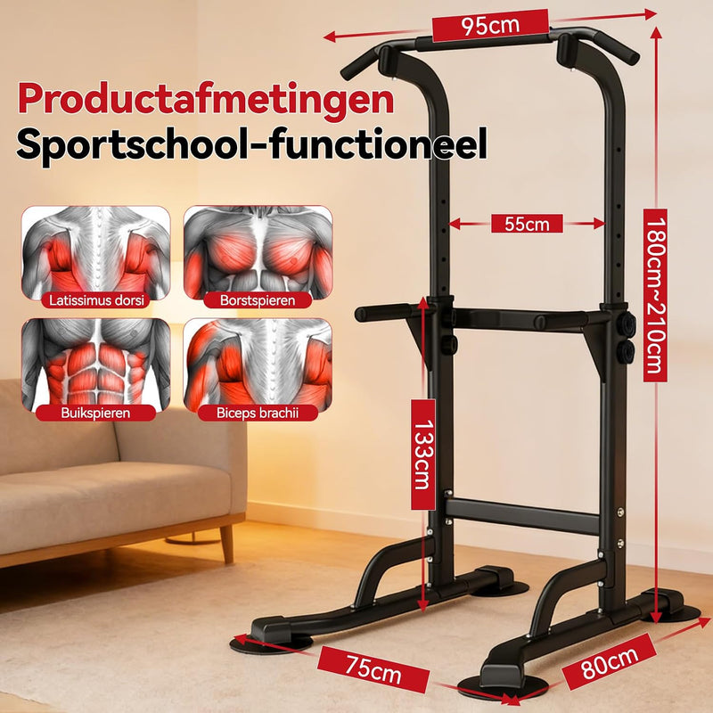 Laad afbeelding in Galerijviewer, Verstelbare power tower 4-in-1 met optrekstang en dipstation tot 120 kg – krachtstation – fitnessrek
