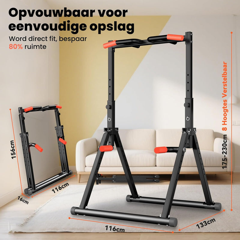 Laden Sie das Bild in Galerie -Viewer, Opvouwbare power tower met verstelbare optrekstang en dip station tot 200 kg – pull-up bar – krachtstation
