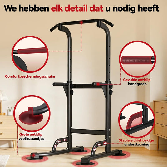 Verstelbare power tower 4-in-1 met optrekstang en dipstation tot 120 kg – krachtstation – fitnessrek