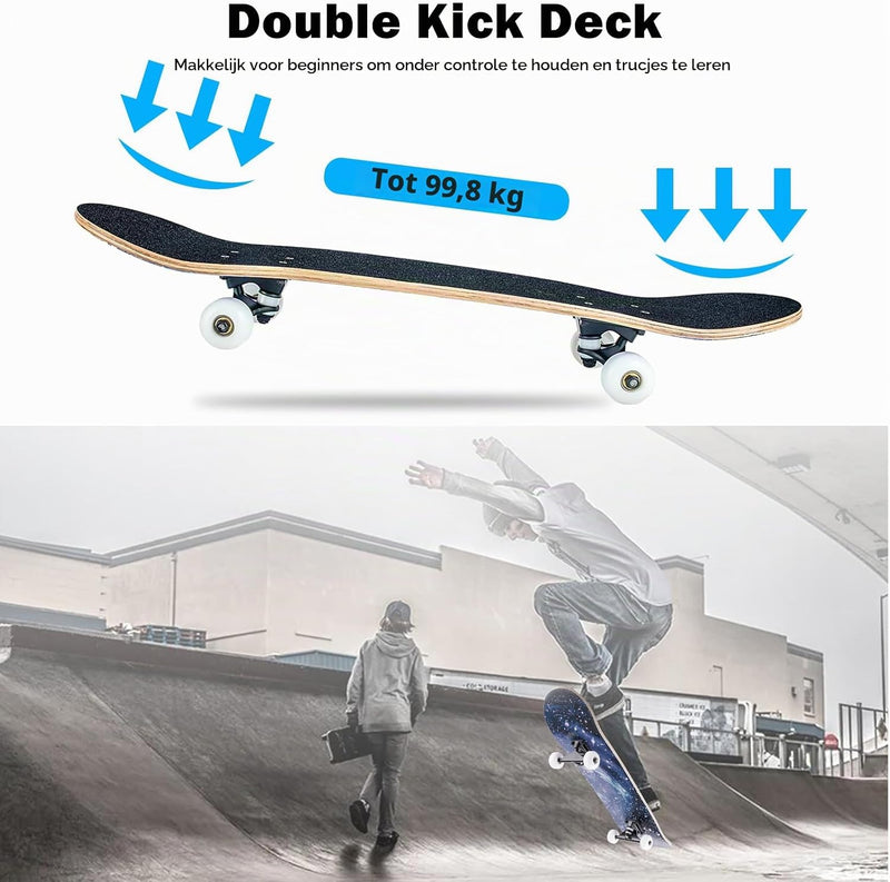 Laden Sie das Bild in Galerie -Viewer, Compleet skateboard 70 x 20 cm met 8-laags esdoorn deck en ABEC-11 lagers – double kick skateboard
