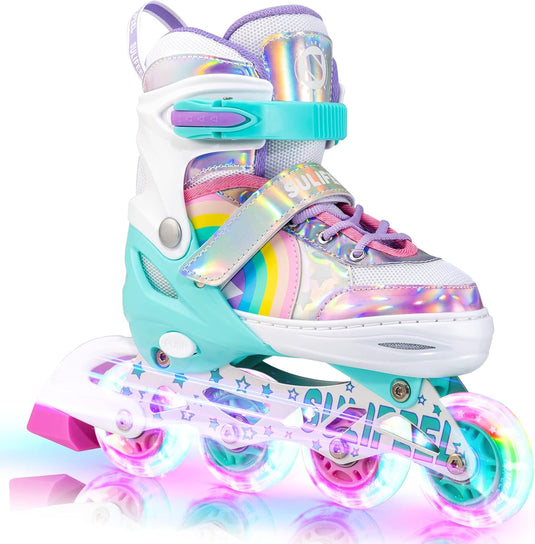 SULIFEEL Rainbow Unicorn Verstelbare zwarte rolschaatsen voor kinderen, met lichtgevende wielen, voor jongens