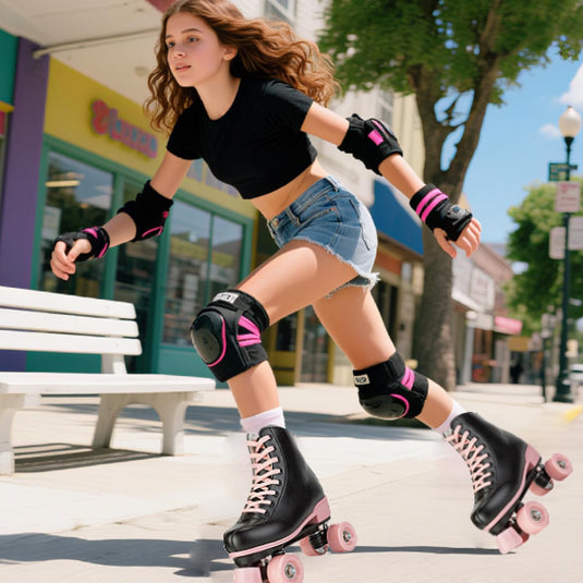 Rolschaatsen voor vrouwen meisjes zwarte roller derby skates volwassen dubbele rij lichtgevende schaatsen voor jeugd volwassen beginner (Eur 99-24 cm - UK: Dames 5,5 / Heren 5)