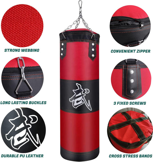 Bouw kracht en focus op met deze stevige hangende bokszakset voor thuis, voorzien van rode en zwarte PU-leer bokszak, kettingbevestiging, sterke webbing, handige ritsen, duurzame gespen, drie schroeven en kruis stressbanden.