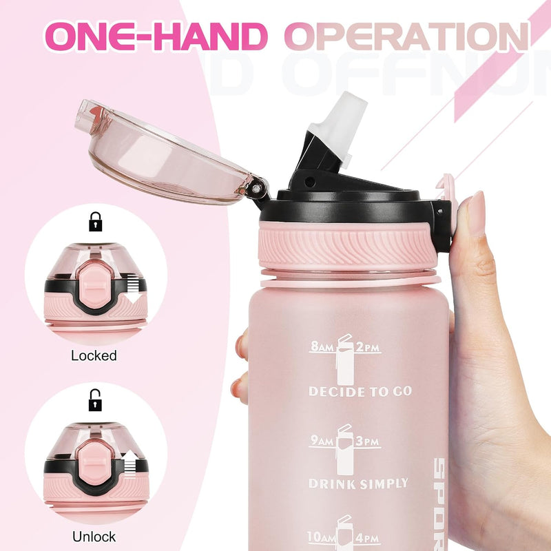 Load image into Gallery viewer, Een hand houdt de 💧 BPA-vrije sportwaterfles van 1 liter groot, met open flip-top deksel. Insets tonen het vergrendelen/ontgrendelen; stimulerende tijdmarkeringen en tekst waarbij het gebruik met één hand is.
