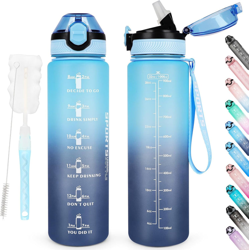 Load image into Gallery viewer, Twee 💧 BPA-vrije sportwaterflessen van 1 liter met inspirerendede tijdmarkeringen, flipdoppen, schoonmaakborstel en draagriem, naast acht kleuropties – perfect voor dagelijks gebruik, lekvrij en ready to go!.
