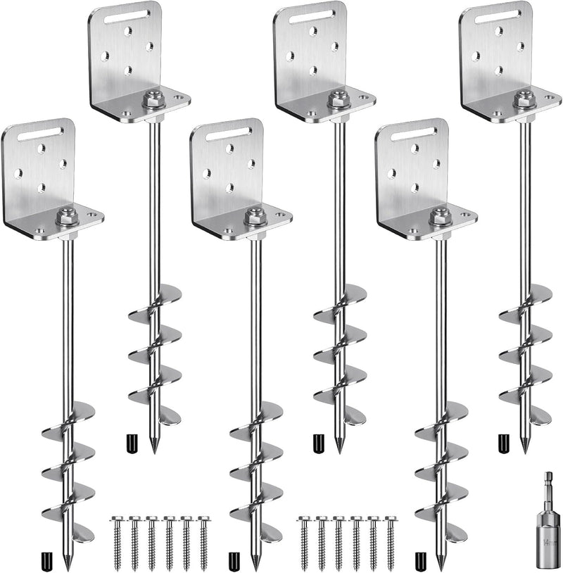 Laad afbeelding in Galerijviewer, Grondankers 6 stuks 60 cm heavy duty met L-beugels en booradapter – trampoline ankers – stormankers
