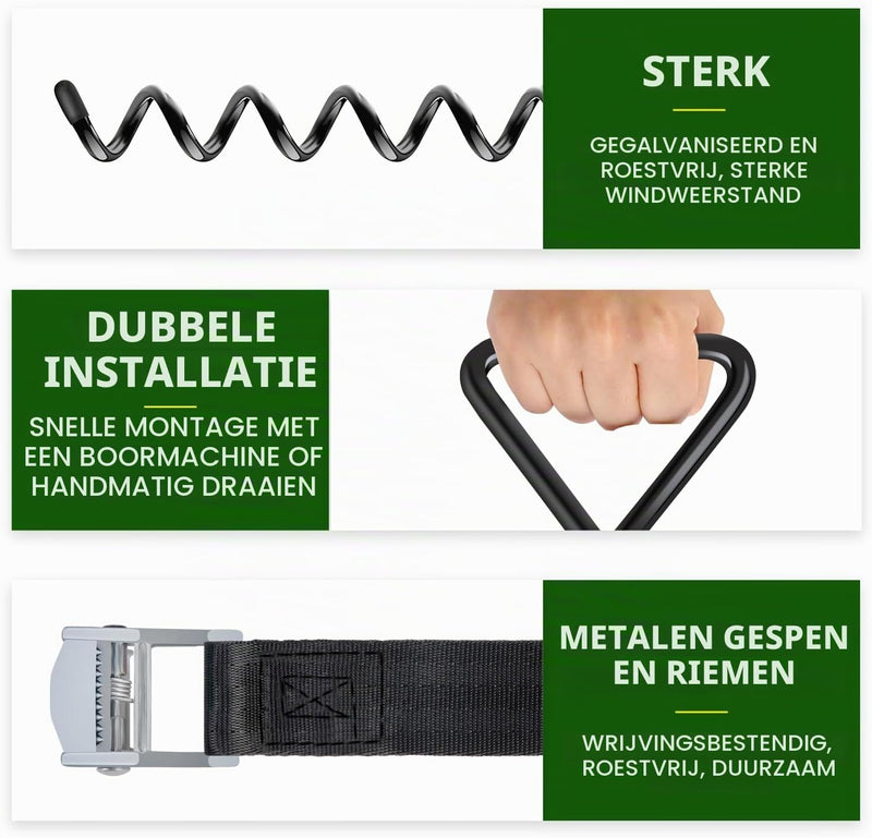 Laden Sie das Bild in Galerie -Viewer, Grondankers 4 stuks 40 cm met verstelbare riemen en booradapter – trampoline ankers – stormankers
