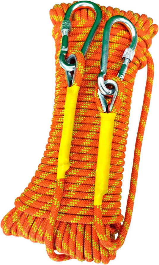Statisch klimtouw 70 m x 8 mm – met 2 stalen karabijnhaken – outdoor touw voor bergbeklimmen, camping en wandelen – oranje