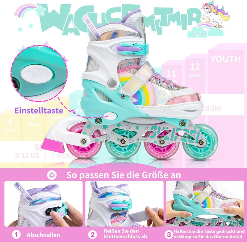 Load image into Gallery viewer, SULIFEEL Rainbow Unicorn Verstelbare zwarte rolschaatsen voor kinderen, met lichtgevende wielen, voor jongens
