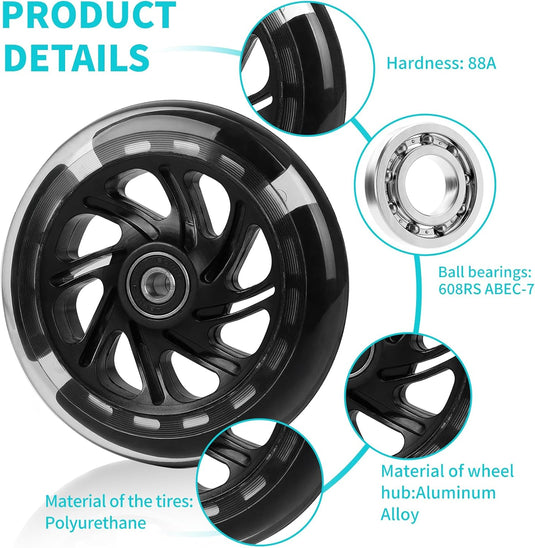 DBREAKS Lichtgevende stuntstep, wielen met ledverlichting, 100 mm, ABEC, 9 kogellagers, hardheid 88A, geschikt voor alle scooters (zwart)