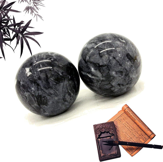 Marmeren baoding ballen 3,5 cm zwart grijs
