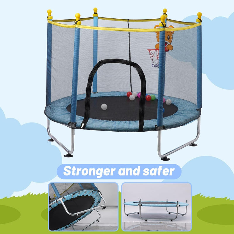 Chargez l'image dans la visionneuse de la galerie, Kindertrampoline 140 cm met veiligheidsnet en basketbalmand blauw – trampoline – indoor outdoor speeltoestel
