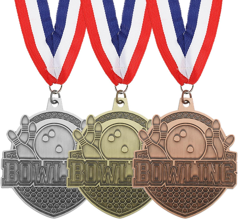 Carica immagine in Galleria Viewer, Bowling medailles 3 stuks goud zilver brons met neklinten – sportmedailles – prijzen en trofeeën
