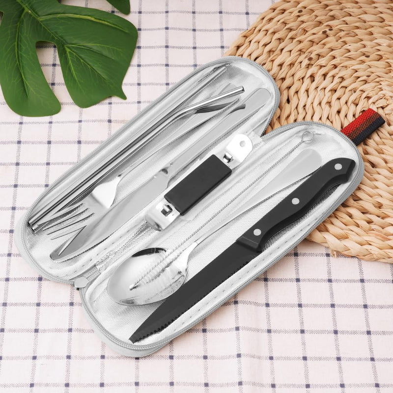 Laden Sie das Bild in Galerie -Viewer, Campingbestek set 9-delig roestvrij staal met etui
